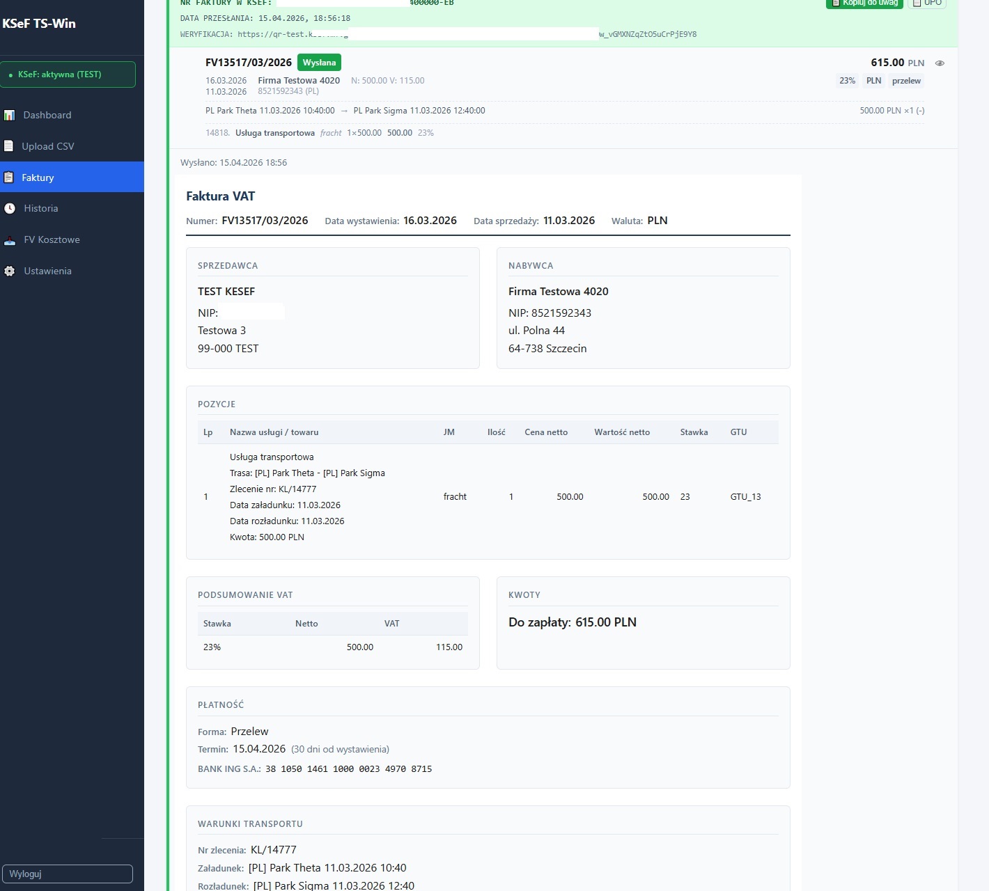 Podgląd faktury w TS2KSeF